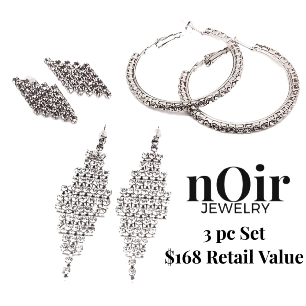 NWT nOir 3 piece earring set, straight post dangle stud and hoop bridal set $168